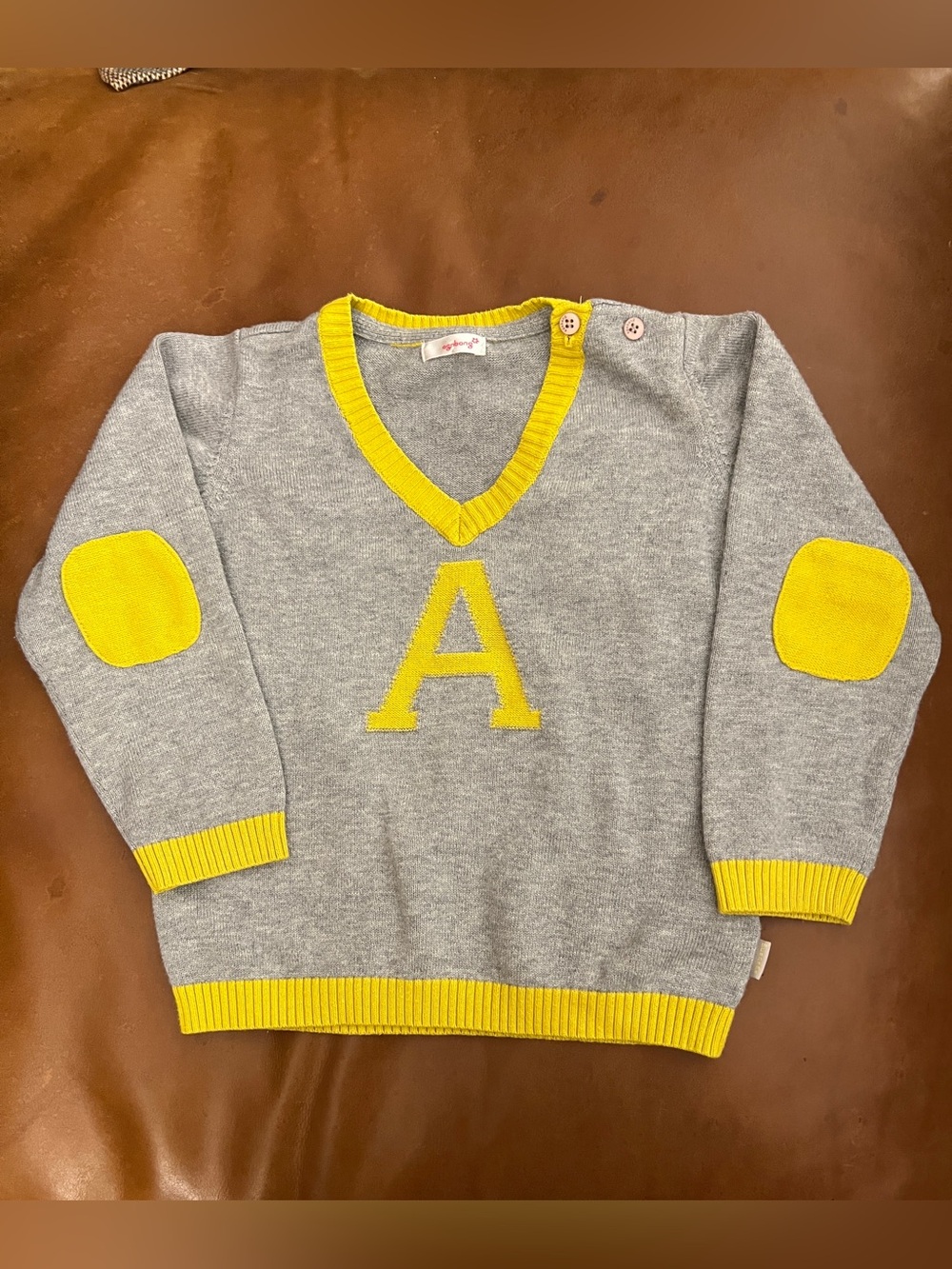 Agabang Grey & Yellow Kids V-Neck Sweater with A Initial